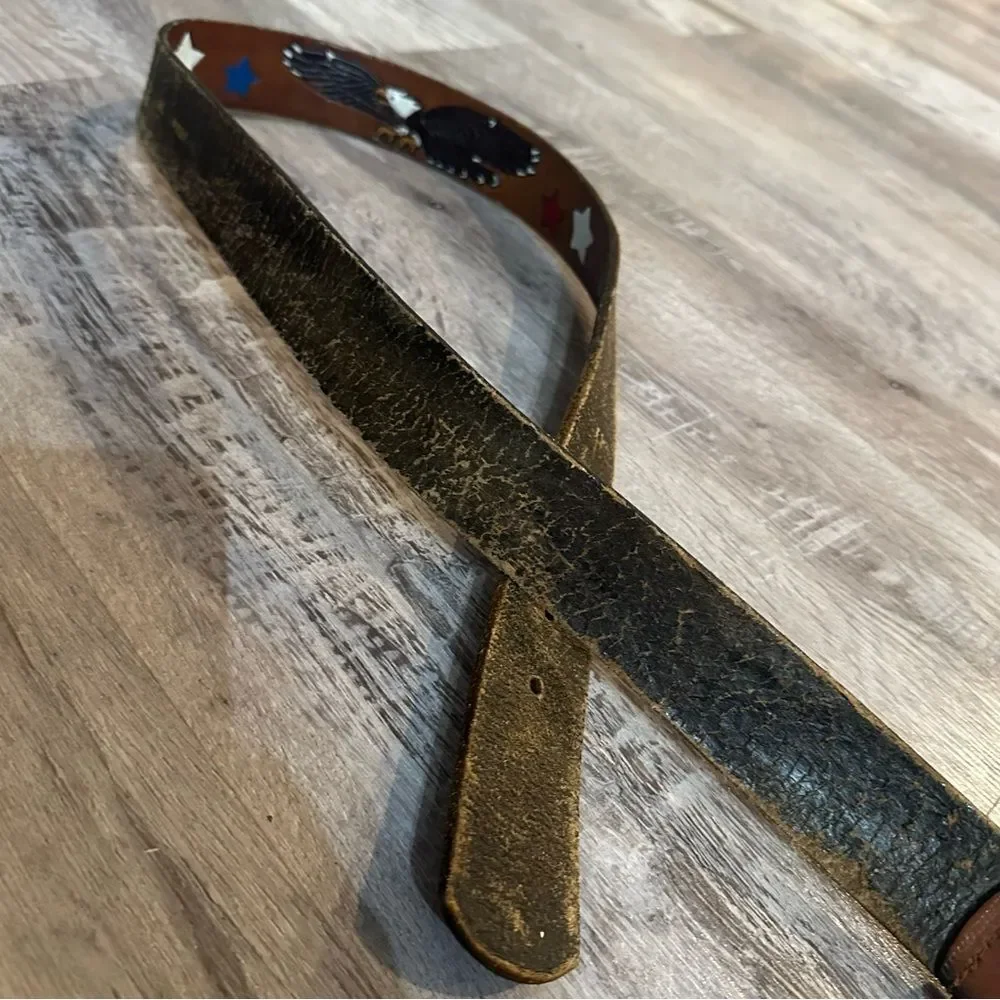 Genuine Full Grain Leather Belt Size 36 Hand Painted Eagle Patriotic Stars Brown